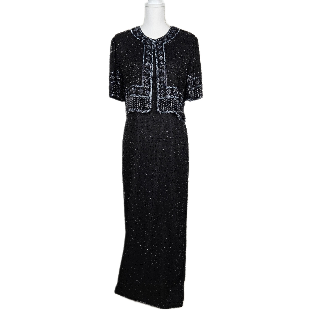 Laurence Kazar Silk Gown Black Beaded Maxi Dress Short Sleeve Wedding  Womens Xl